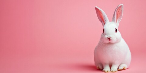 Obraz premium A cute white rabbit sitting on a pink background. This adorable furry creature adds a playful touch to any design. Perfect for pet lovers and spring themes. AI