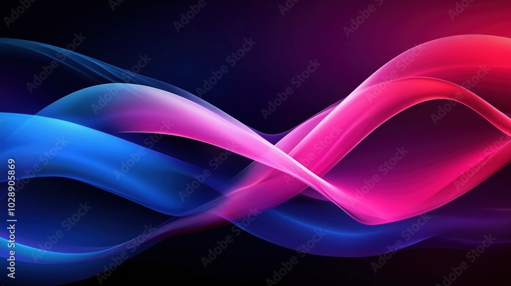 Poster Colorful abstract waves in pink, blue, and magenta on a dark purple background. Gradient red and sky-blue tones flow across a high-resolution vector design, creating a vibrant and dynamic visual with 