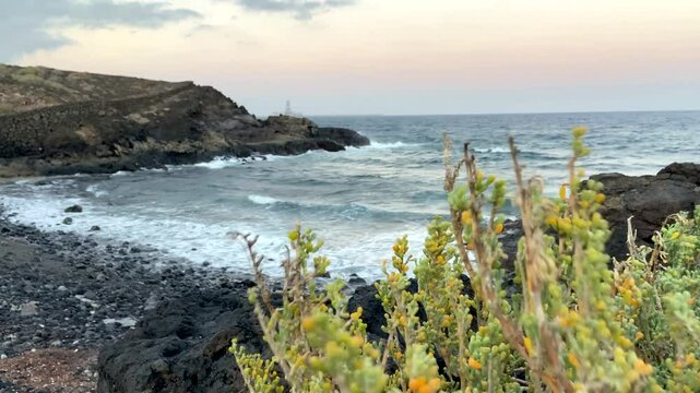 Beautiful coastal view of  Atlantic ocean and Montana Amarilla La Pelada Tenerife,Canary Islands,Spain,4K