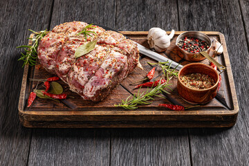 Prepared for roast Raw Pork neck butt, top view