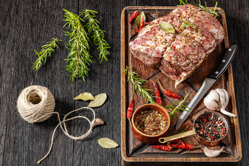 Prepared for roast Raw Pork neck butt, top view