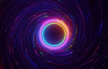 Swirling neon lights create a vibrant abstract vortex on a black background.