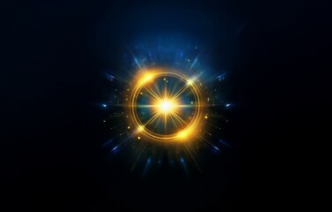 Obraz premium A bright golden ring with a shining star in the center, surrounded by blue and gold light streaks.