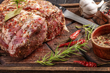 Prepared for roast Raw Pork neck butt, top view