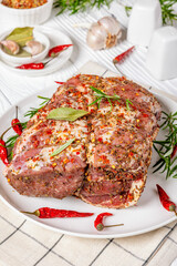 Prepared for roast Raw Pork neck butt, top view