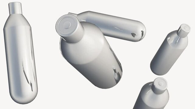 Whippets, also known as nitrous oxide chargers or nitrous oxide canisters, are small, metal cylinders containing nitrous oxide gas; 3d animation.