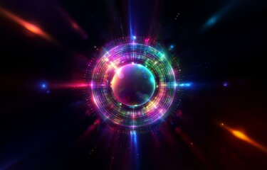 Abstract colorful ring of light with a blurred orb in the center.