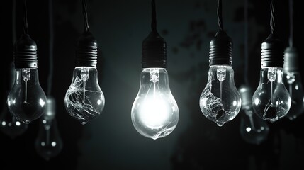 A glowing lightbulb shines bright while others are broken, showcasing the strength of innovation, resilience, and bright ideas in challenging situations.