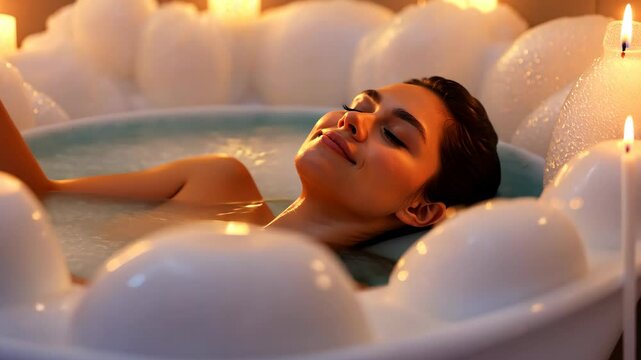 Woman in Bath Relaxing Candlelit Bubble with Soft Glow and Warm Lighting for Spa and Self-Care Concept