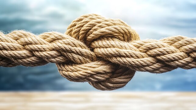 Complex web of interconnected ropes symbolizing intricate business relationships and antitrust challenges, with a focused foreground rope representing the effort to break monopolies.