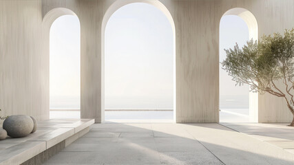 Fototapeta premium Contemporary Zen Architecture Featuring Arches and Minimalist Design Overlooking a Serene Landscape
