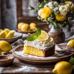 yellow velvet cake with whipped cream and lemon slices