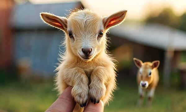 A cute baby goat with big eyes and a small nose is held by a hand against a blurred background.