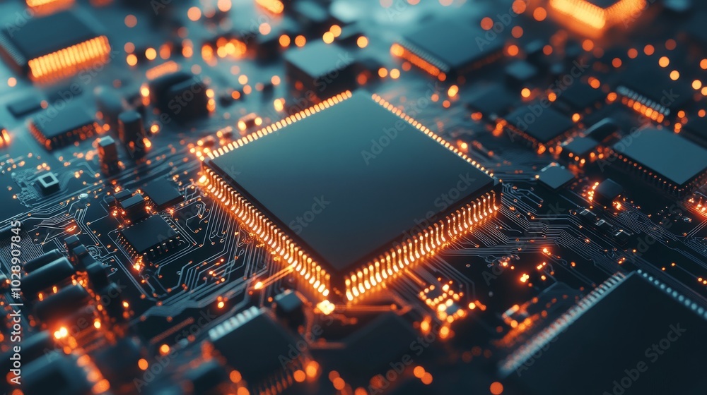 Poster blue computer chip with cyan glow, multiple filter effects, top view, superflat, cyan light and gold