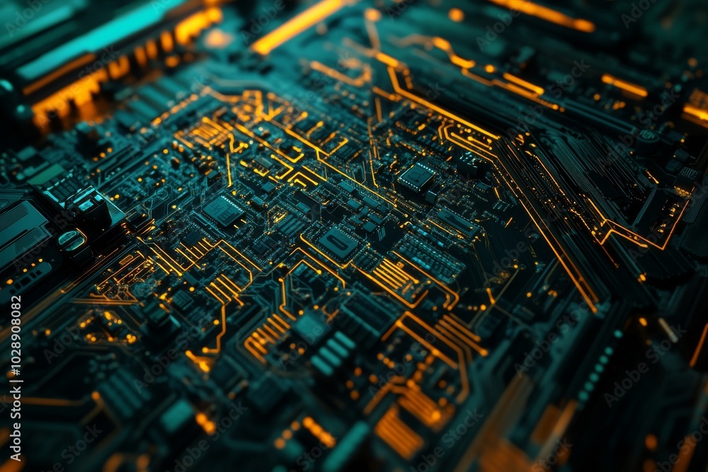 Poster an up-close view of motherboard components printed on green circuit boards with intricate soldering 