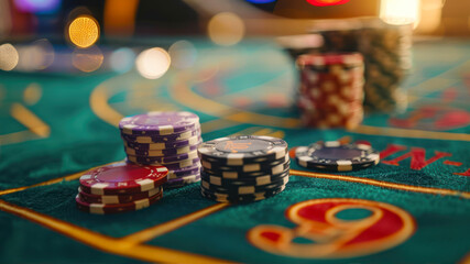Colorful Casino Chips Arranged on a Blackjack Table in an Exciting Gambling Atmosphere at Night