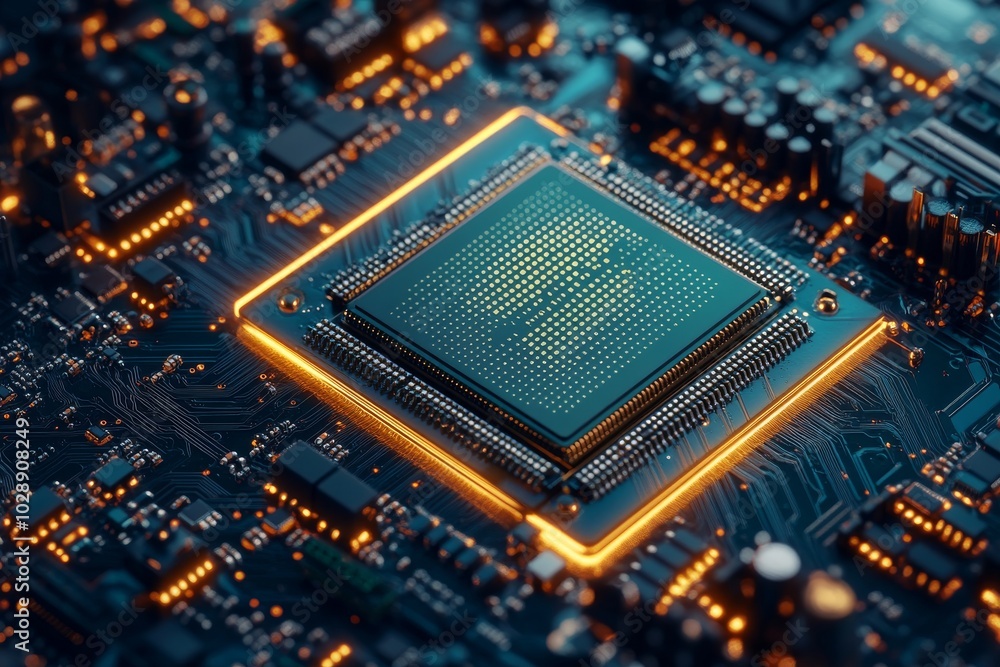 Poster close-up image of motherboard components printed on green circuit board with intricate soldering, ca