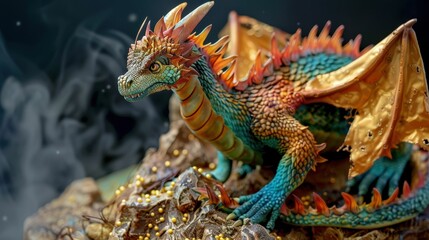 Obraz premium Majestic dragon perched on golden treasure 3d