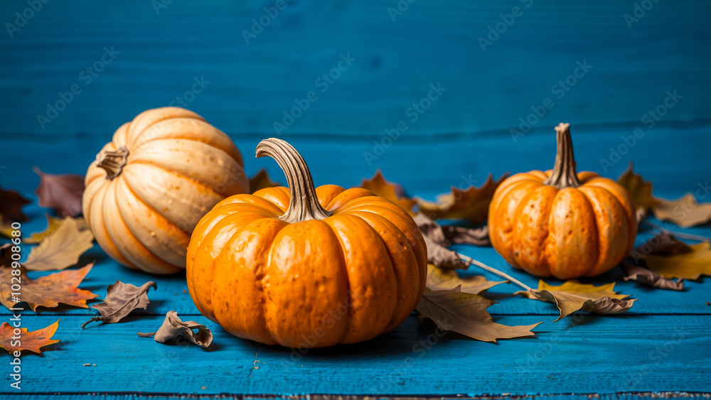 Poster small pumpkins with autumn leaves on blue wood