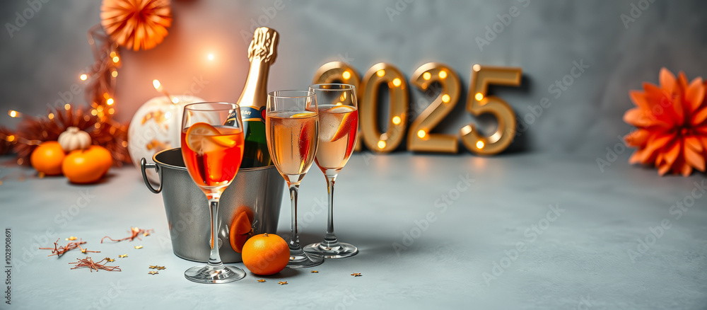 Sticker three champagne flutes a bottle sparkling wine a new year's eve celebration