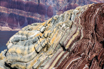 Segelsallskapet, in Geologfjord, Northeast Greenland National Park. Renowned for colourful rock formations, with strata of red and yellow.