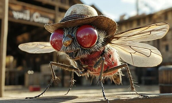 A close-up of a fly wearing a cowboy hat, standing on a wooden surface with a blurry background.