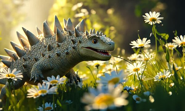 A cute, spiky dinosaur with an open mouth walks through a field of daisies, with the sun shining through the leaves behind it.