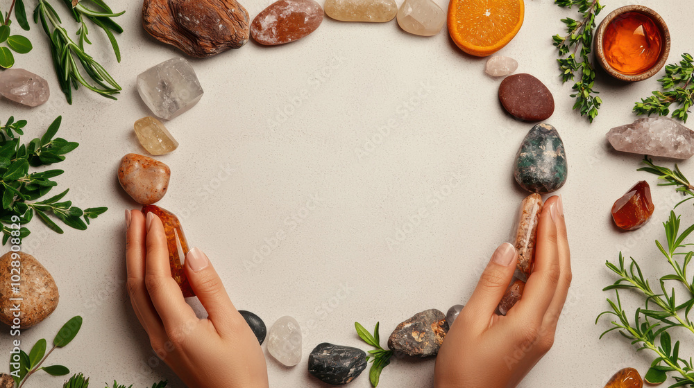 Aufkleber hands arranging colorful gemstones in a circular pattern on a light background.