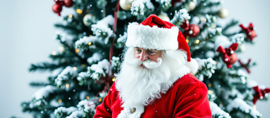 man dressed red stands before a snowy christmas tree
