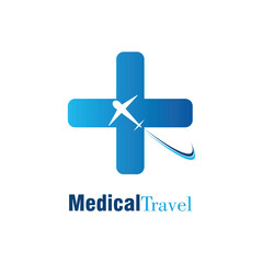 Obraz premium Blue cross, airplane, swoosh, text Medical Travel.