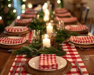 Festive dinner table decor with candles and red checkered pattern