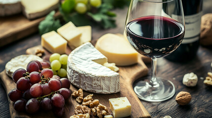 Close-up of wine and cheese pairing on a rustic board