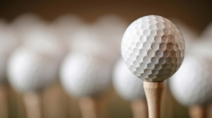 Closeup of multiple golf balls on tees, showcasing their textured surfaces and details. arrangement creates visually appealing pattern, perfect for golf enthusiasts