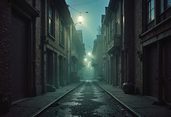 A dark alley with dim lighting from a solitary streetlamp, wet cobblestones reflecting the faint light, thick fog enveloping the corners, shadows and indistinct silhouettes in the distance