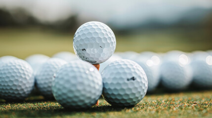 Closeup of multiple golf balls arranged on grassy surface, showcasing their textured surfaces and dimples. image captures essence of sport and precision involved in golf