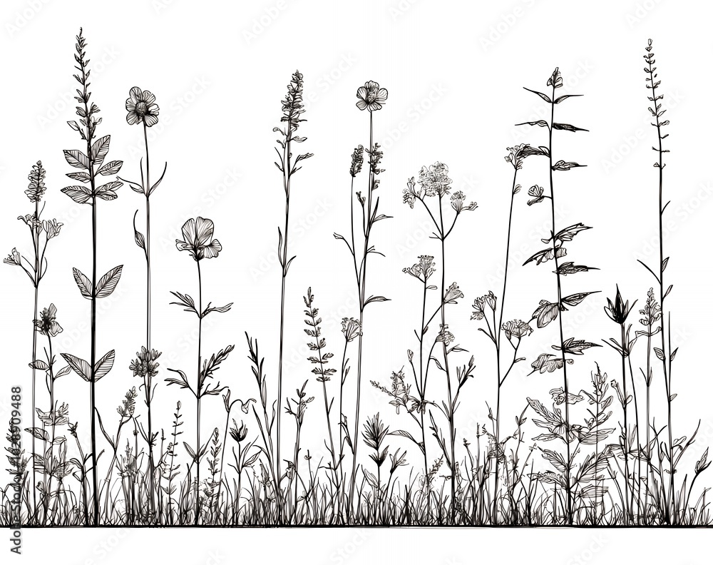 Poster Black and white line drawing of wildflowers.