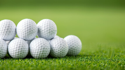 Closeup of multiple golf balls arranged on green grass, showcasing their texture and detail. image captures essence of sport, evoking sense of precision and focus