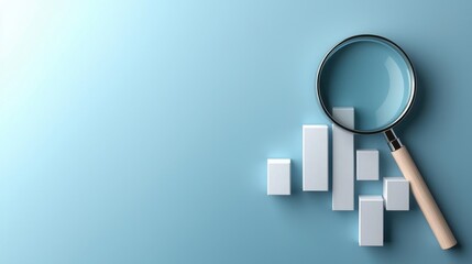 Magnifying glass over 3D bar graph on blue background 