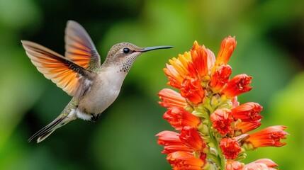 Fototapeta premium A hummingbird hovers in mid-air, its wings a blur of motion, as it feeds on nectar from a bright orange flower.