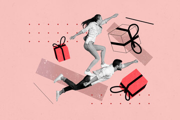 Composite photo collage of two happy girl guy fly present box bargain celebration shopping...