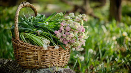 Fototapeta premium Wicker basket filled with blooming flowers set in a lush garden.