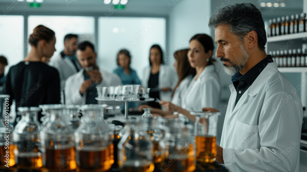 Poster science experiment in progress with laboratory setting, showcasing researchers in white lab coats en