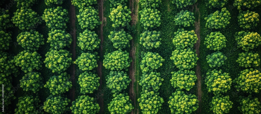 Poster aerial view of a tree plantation with rows of trees planted in a grid pattern.