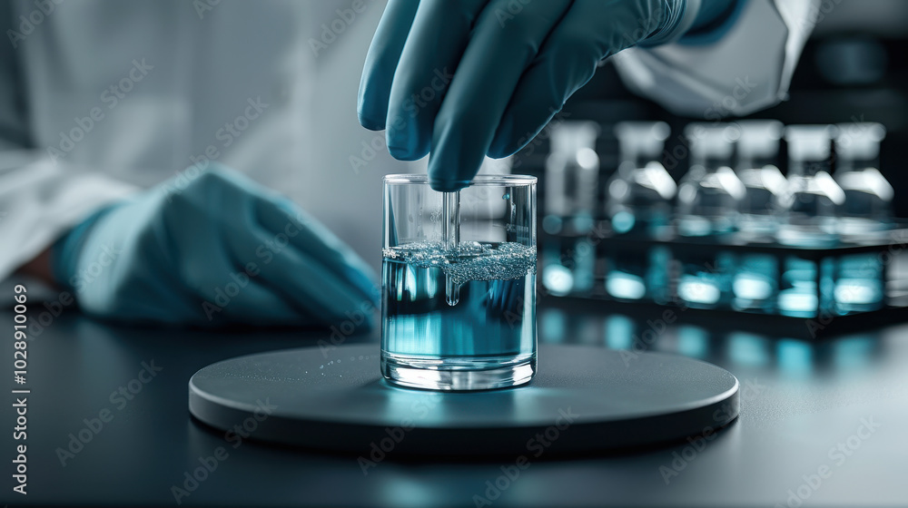 Poster science experiment in progress with laboratory setup featuring glass beaker filled with blue liquid.