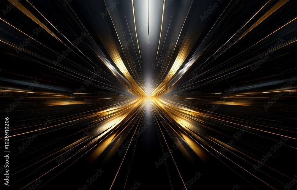Poster abstract design with gold lines converging to a bright point in the center.