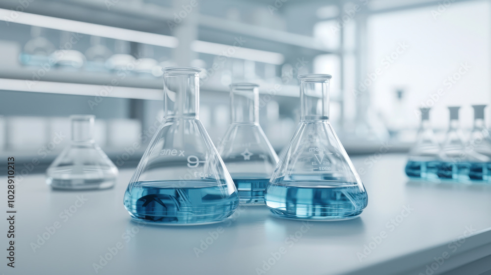 Poster science experiment in progress with laboratory glassware filled with blue liquid, showcasing various