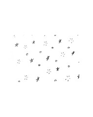 a pattern of small, black, hand-drawn stars and dots scattered across a white background. The stars vary slightly in size and shape, giving a whimsical and random appearance.