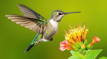 A hummingbird with its wings outstretched, hovering in mid-air in front of a bright orange and pink flower with a green background.