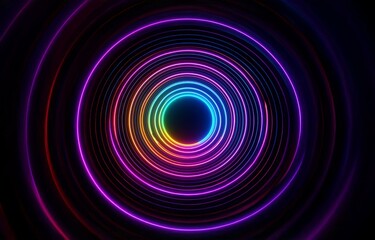 Concentric circles of neon light glow in the dark, forming a colorful abstract pattern.