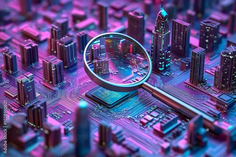 Aufkleber a magnifying glass enlarging a circuit board on a neon color cyberpunk background. magnified compute